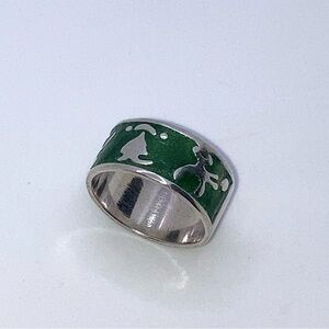 Vtg Southwestern Sterling Silver Symbols & Green Enamel Wide Band Ring Sz 8.5